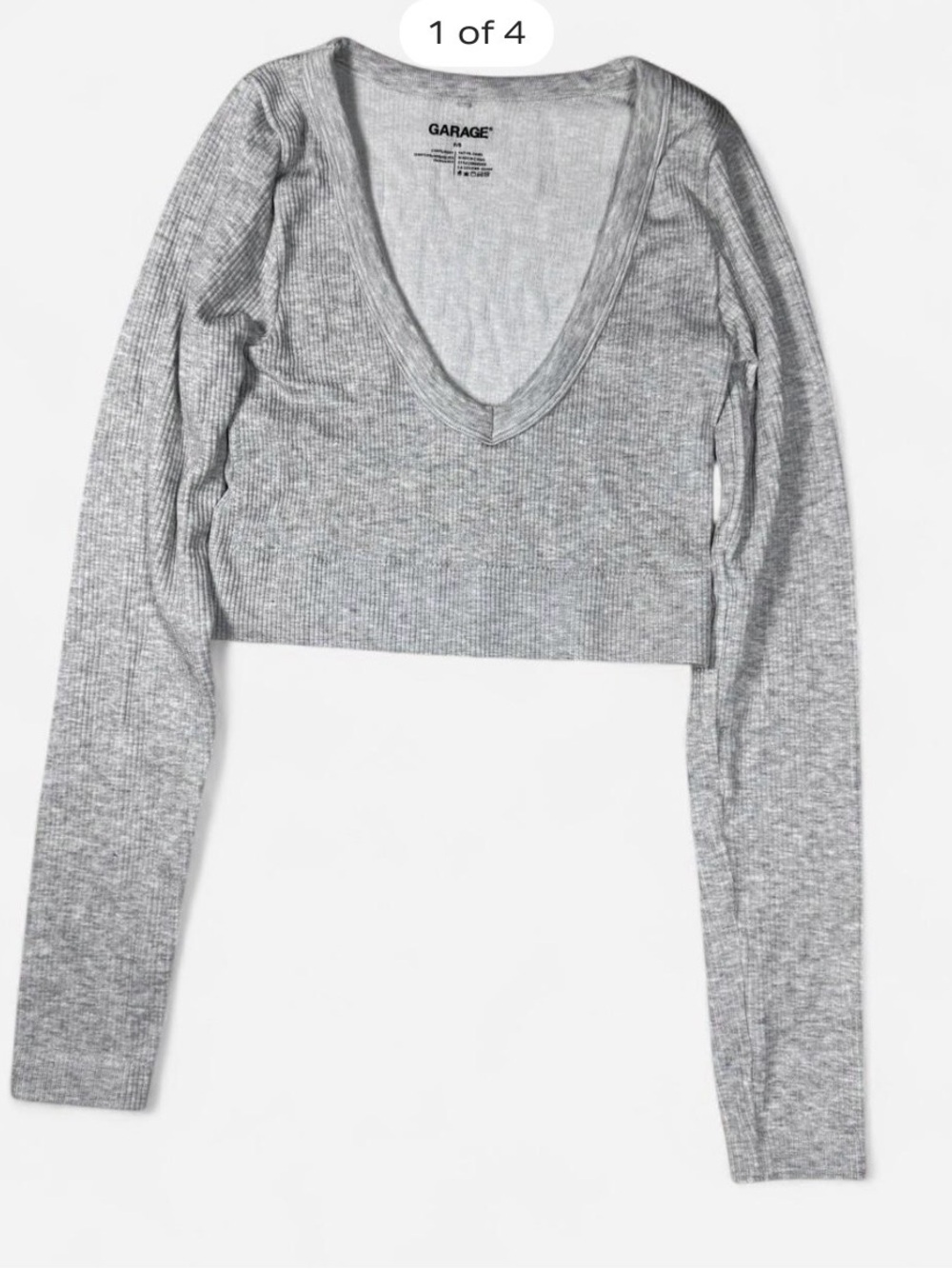 Garage Gray Ribbed V-Neck Long Sleeve Cropped Top